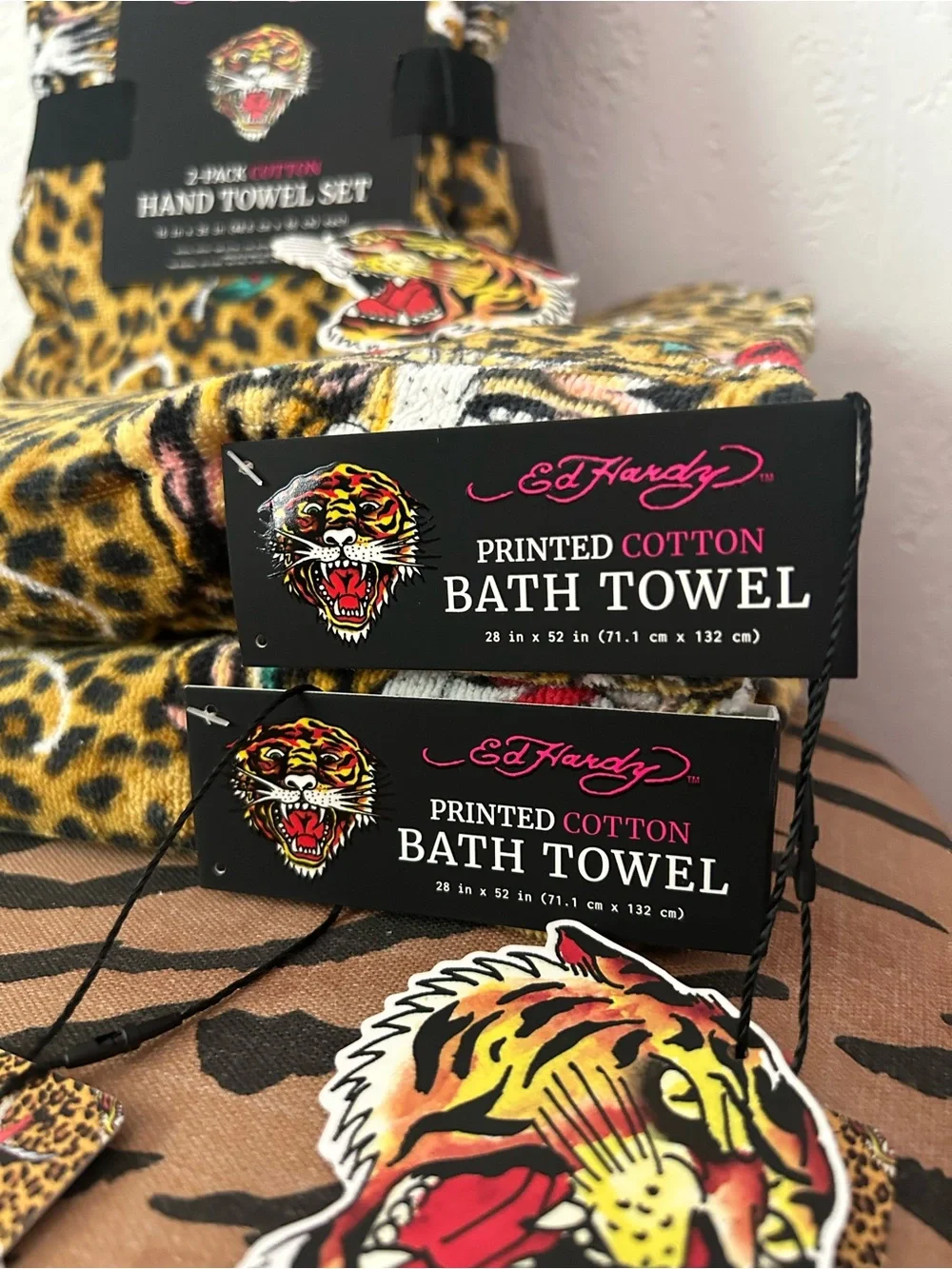 NEW Ed Hardy 4-Piece Leopard Print 100% Cotton Bath Towel Set